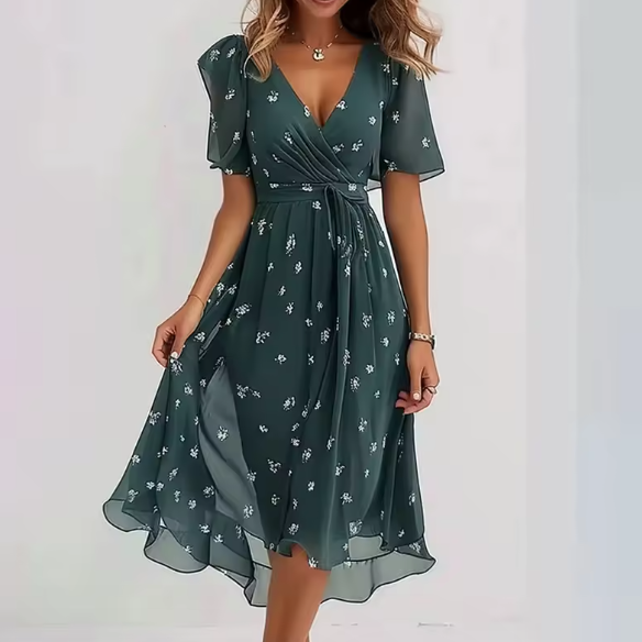 Vestito midi verde petrolio con scollatura a V, maniche corte e piccoli fiori chiari