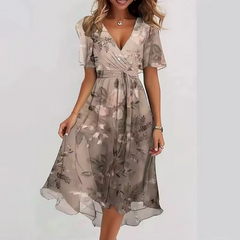 Vestito midi beige con scollatura a V, maniche corte e stampa floreale grigio-verde