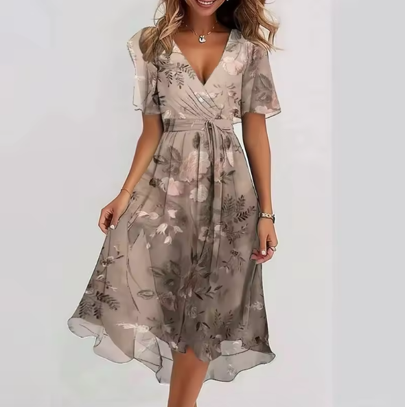Vestito midi beige con scollatura a V, maniche corte e stampa floreale grigio-verde