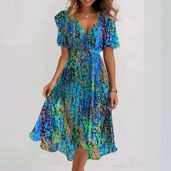 Vestito midi blu multicolore con scollatura a V, maniche corte e stampa geometrica