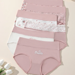 High-waisted cotton briefs 6-pack in pastel pink and white, with heart prints and solids