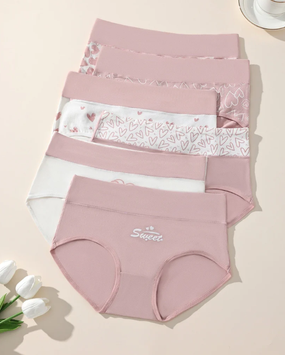High-waisted cotton briefs 6-pack in pastel pink and white, with heart prints and solids