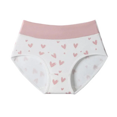 High-waisted cotton briefs in white with small pink hearts pattern and pale pink waistband