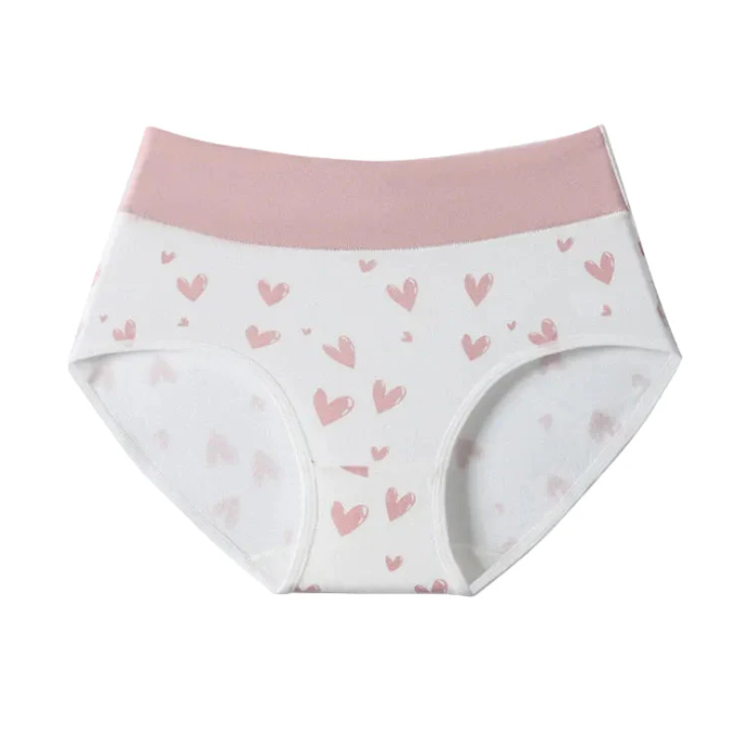 High-waisted cotton briefs in white with small pink hearts pattern and pale pink waistband