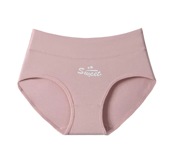 High-waisted cotton briefs in soft mauve with 'Sweet' text and curved leg seams