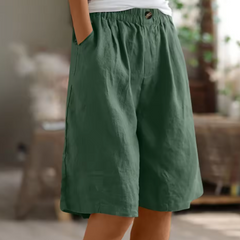 Pantaloncini estivi in lino verde, vita elasticizzata con bottone, gamba ampia al ginocchio