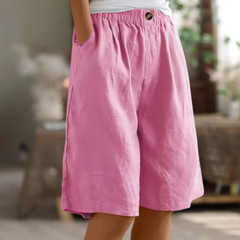 Pantaloncini estivi in lino rosa, vita elasticizzata con bottone, gamba ampia al ginocchio