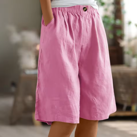 Pantaloncini estivi in lino rosa, vita elasticizzata con bottone, gamba ampia al ginocchio