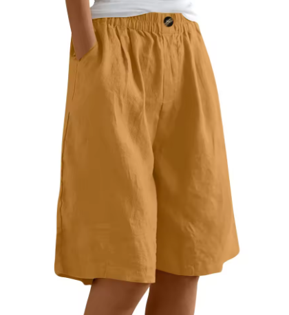 Pantaloni corti senape con vita elastica e bottoncino, pieghe davanti, vestibilità ampia