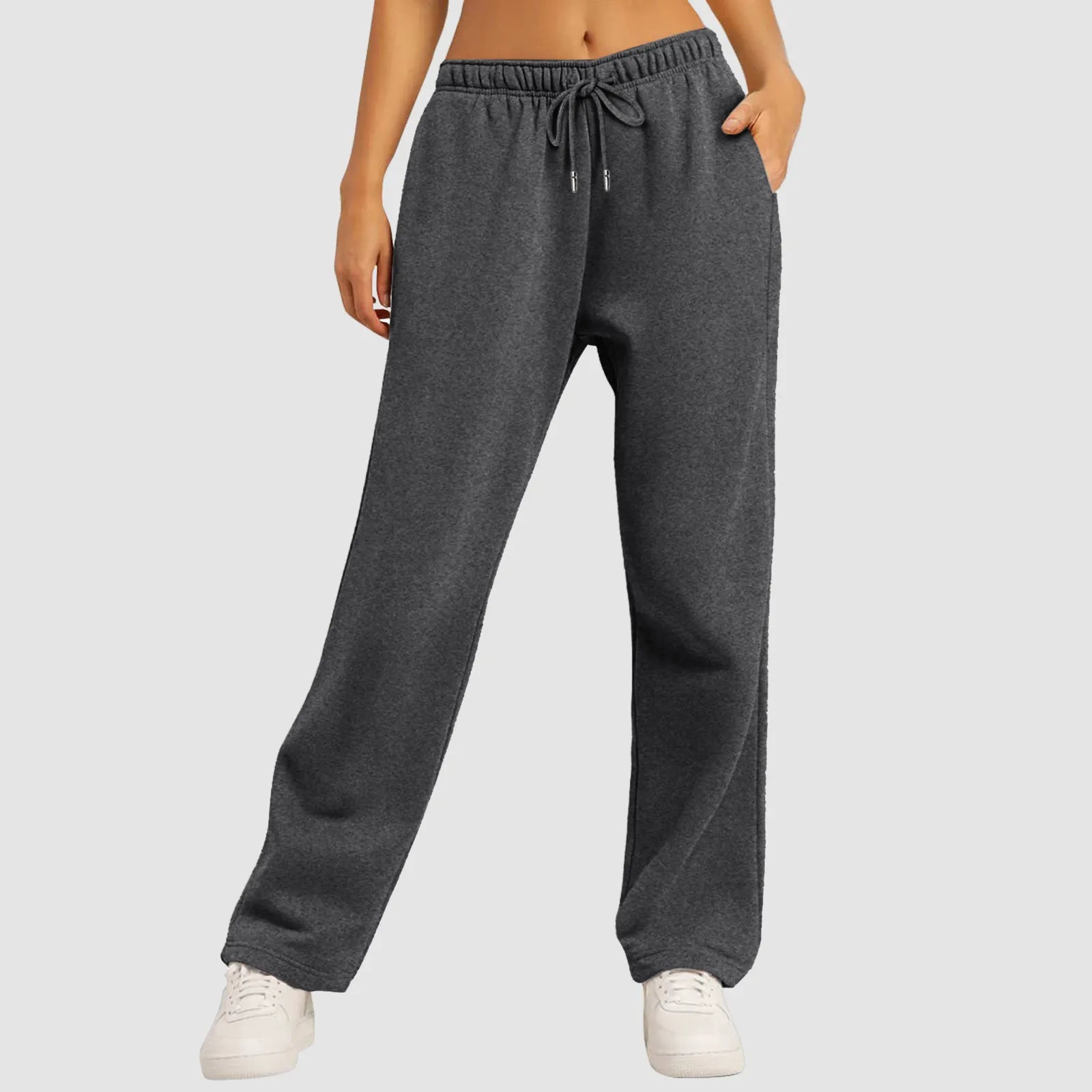 Pantaloni jogger a gamba larga grigio scuro, vita elasticizzata con coulisse e tasche
