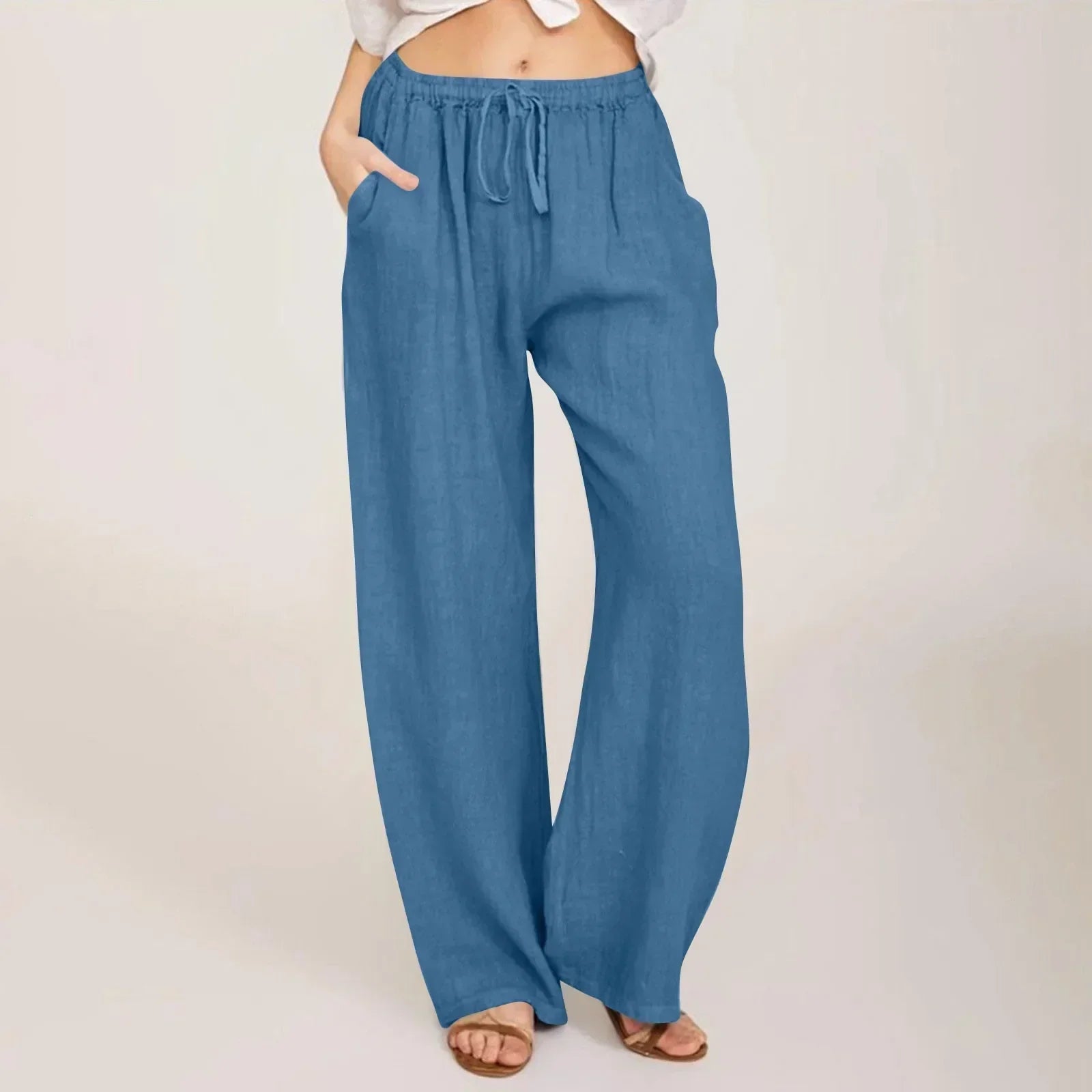 Pantaloni comodi a gamba larga in lino blu con vita elasticizzata e coulisse