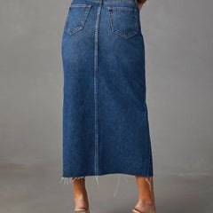 High-waist denim midi skirt with back yoke and patch pockets, blue wash