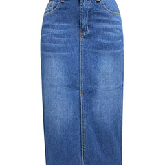 High-waist denim skirt, mid-blue wash, button fly, front seam