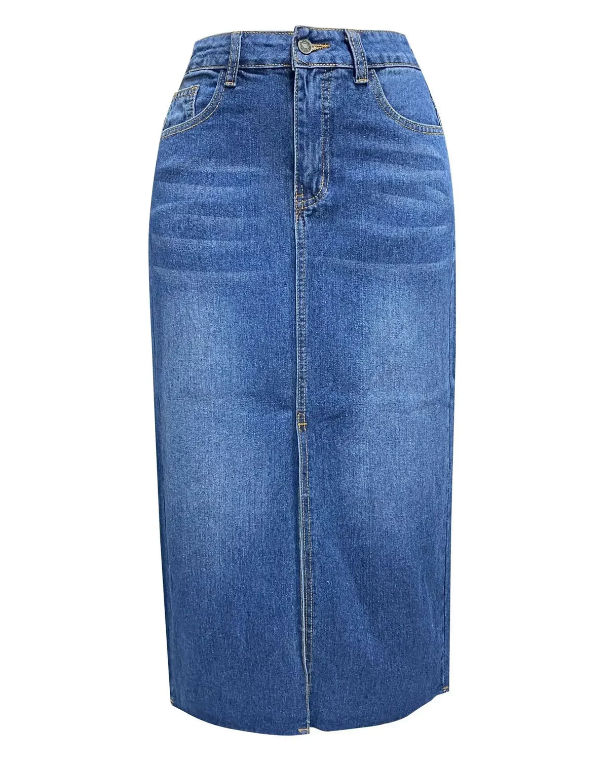 High-waist denim skirt, mid-blue wash, button fly, front seam