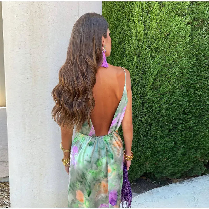 Backless green floral silk slip maxi dress with open back and gathered waist