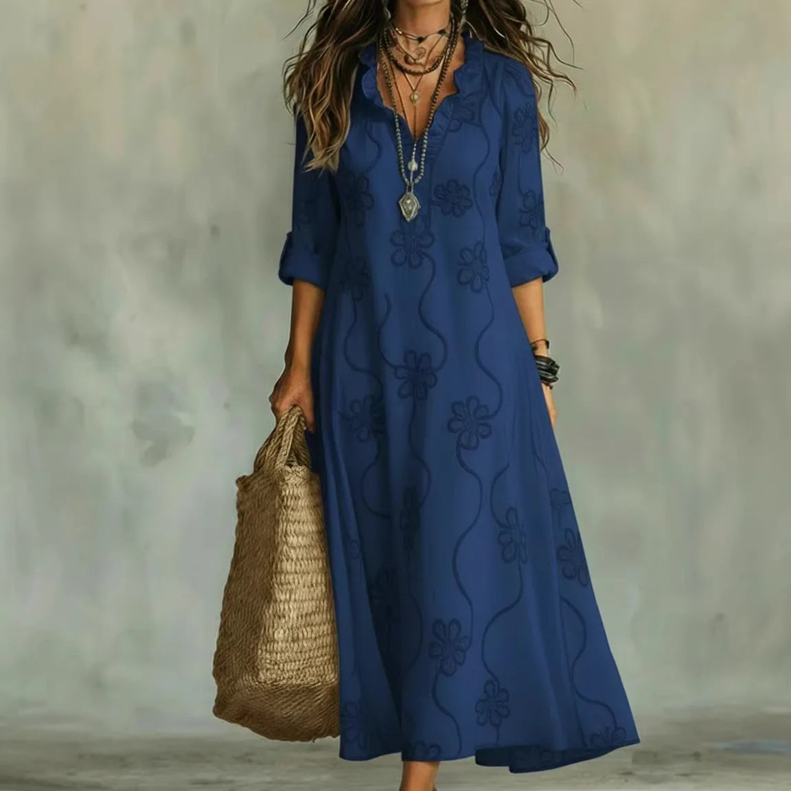 Vestito estivo lungo blu con maniche corte e scollo a V, stampa a fiori