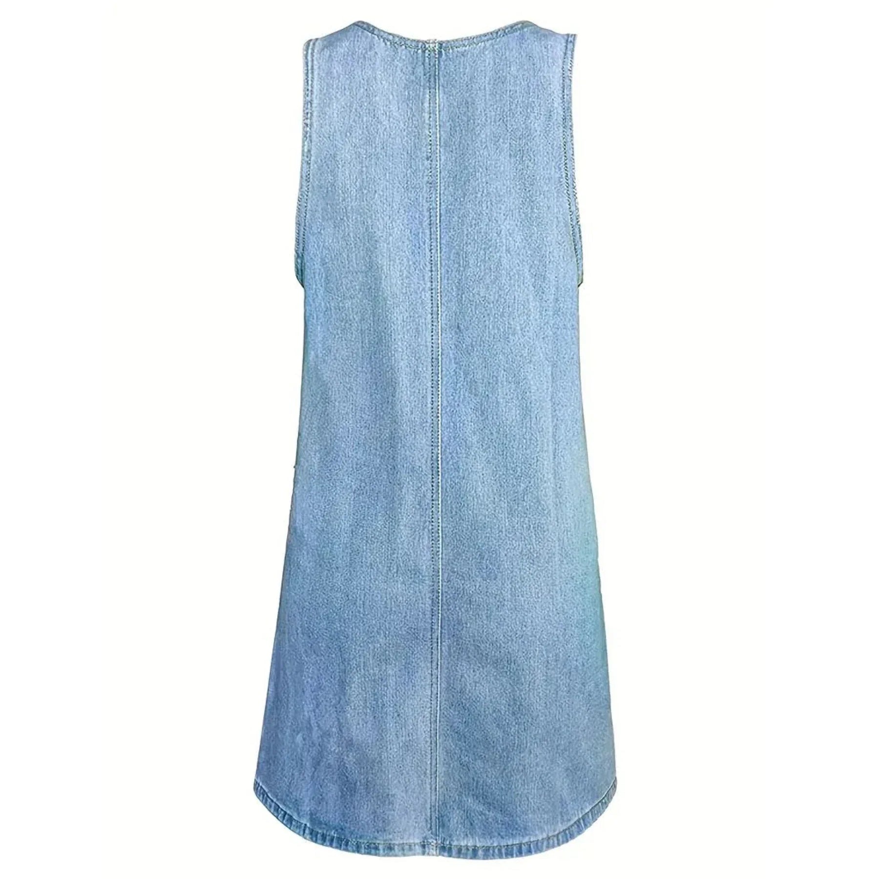 Light blue denim-look sleeveless dress back with center seam and curved hem
