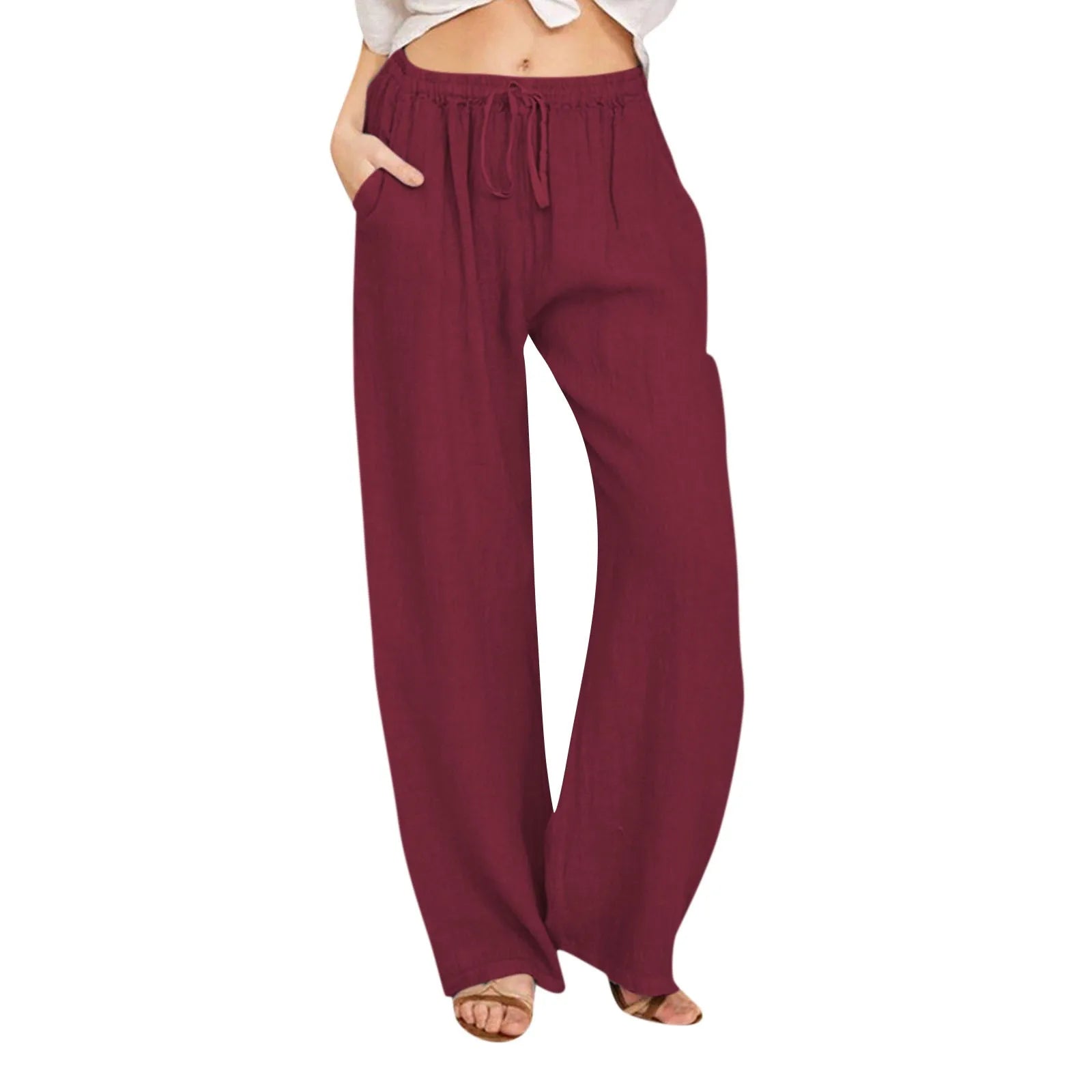 Pantaloni comodi a gamba larga bordeaux in tessuto leggero con vita elasticizzata e coulisse
