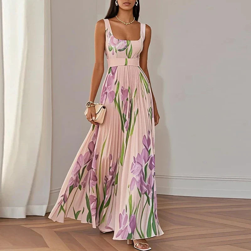 Abito maxi A-line floreale rosa e bianco con fiori viola e verdi, vita arricciata