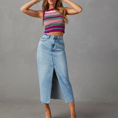 High-waist denim skirt with front slit, light-to-medium blue wash