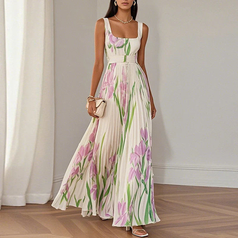 Abito maxi A-line floreale bianco con fiori rosa e verdi, scollo quadrato