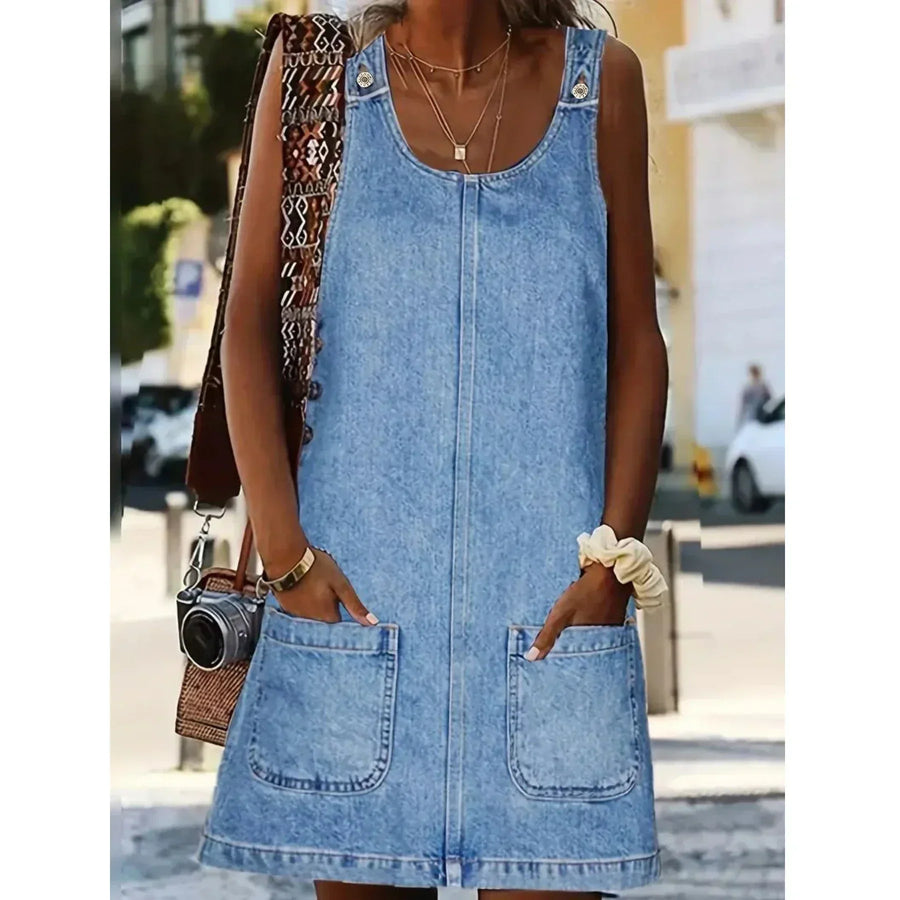 Light blue denim-look sleeveless dress with scoop neck and two front patch pockets