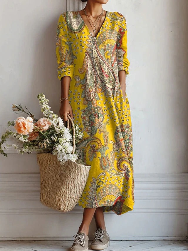 Abito quotidiano giallo multicolore con motivo paisley, scollo a V e maniche 3/4