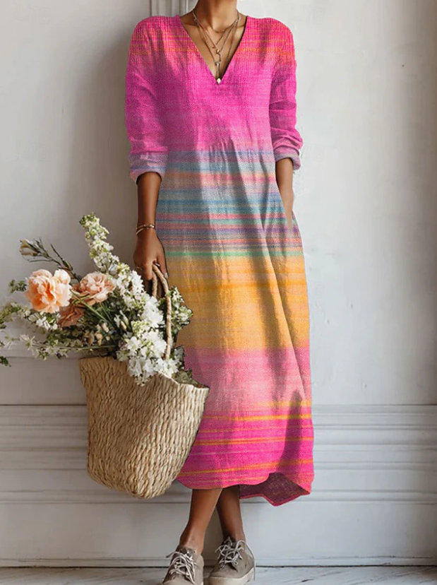 Abito da giorno multicolore a righe, scollo a V, maniche a 3/4, lunghezza midi