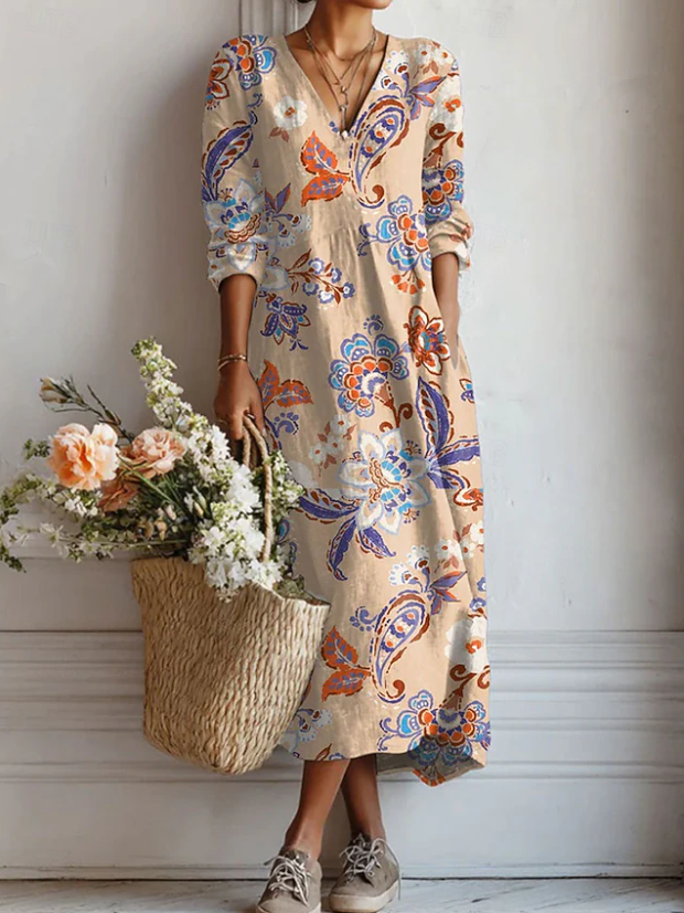 Abito lungo multicolore con scollo a V e maniche lunghe, motivo paisley