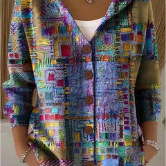 Hooded button-front cardigan with multicolor abstract square pattern