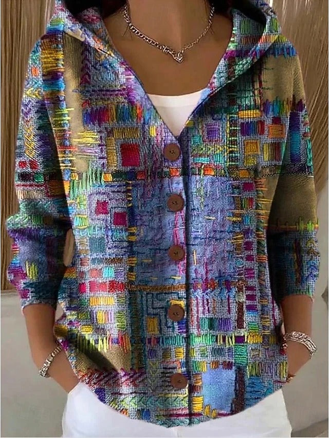 Hooded button-front cardigan with multicolor abstract square pattern