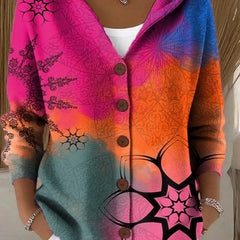 Hooded button-front cardigan in pink and blue with floral graphic motifs