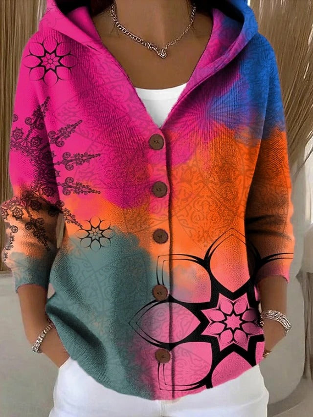 Hooded button-front cardigan in pink and blue with floral graphic motifs