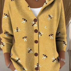 Hooded button-front cardigan in mustard yellow with small insect print