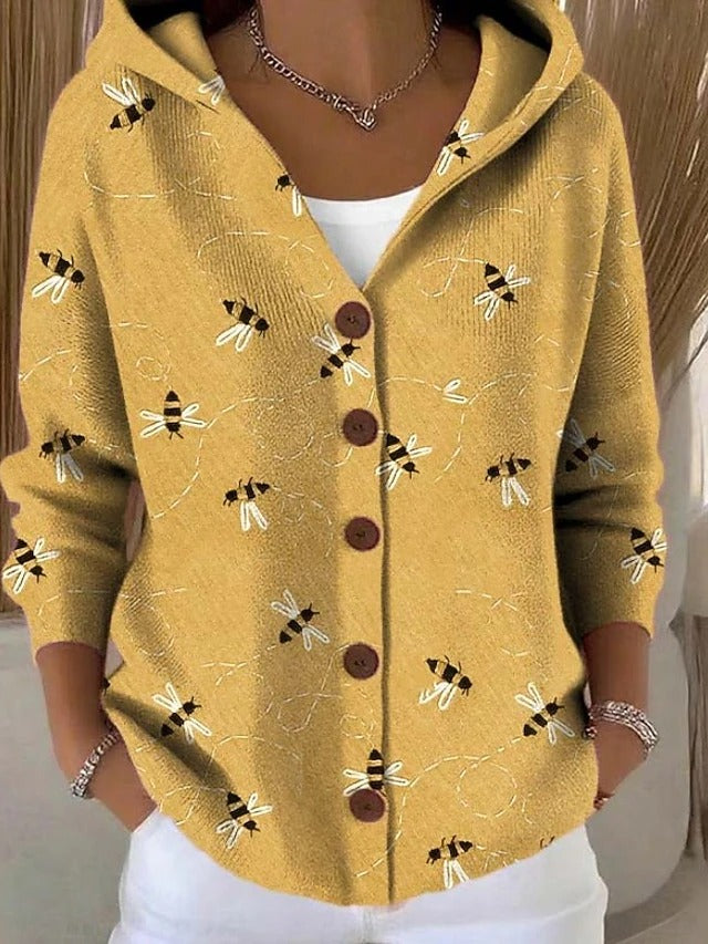 Hooded button-front cardigan in mustard yellow with small insect print