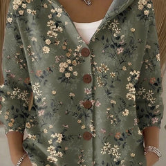 Hooded button-front cardigan in dark green with small floral print