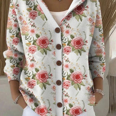 Hooded button-front cardigan in white with pink rose floral print