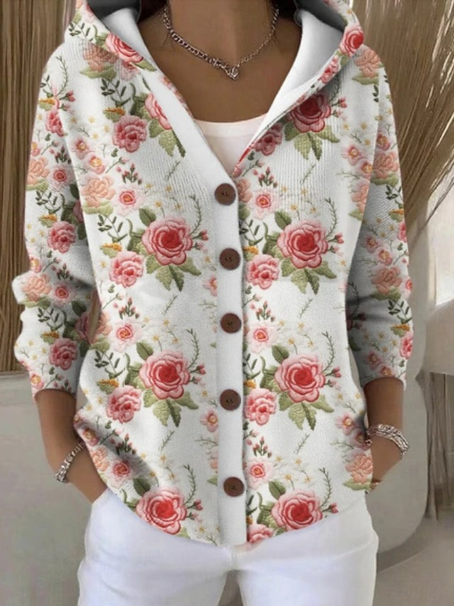 Hooded button-front cardigan in white with pink rose floral print
