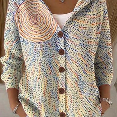 Hooded button-front cardigan with cream and multicolor spiral dot pattern