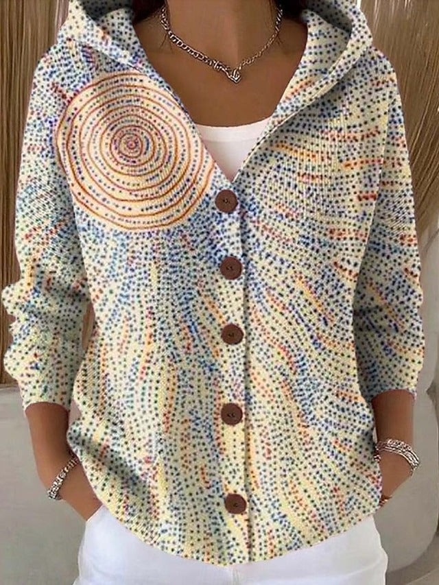 Hooded button-front cardigan with cream and multicolor spiral dot pattern