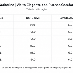 Tabella taglie per abito: taglia, busto e lunghezza (cm)