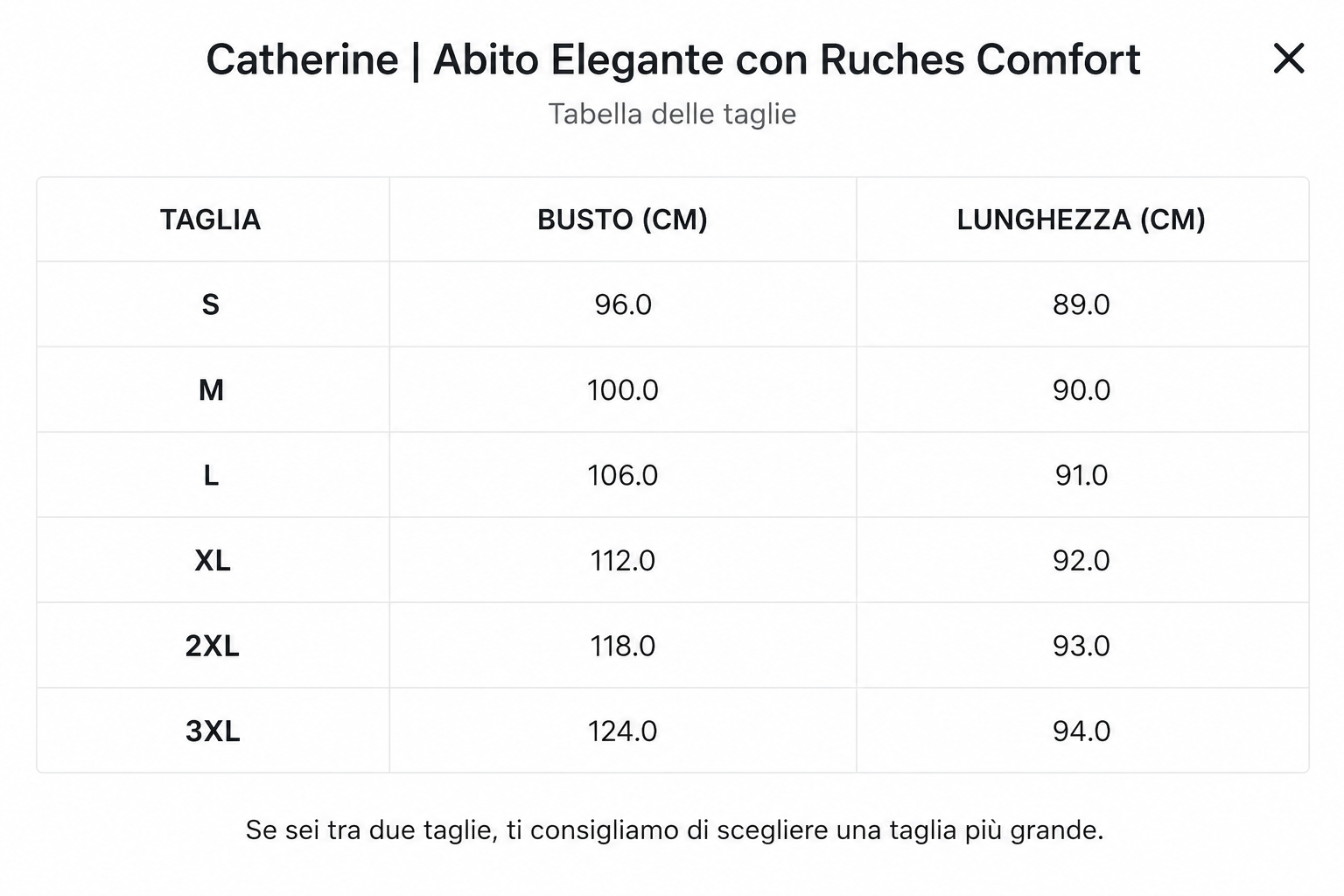 Tabella taglie per abito: taglia, busto e lunghezza (cm)