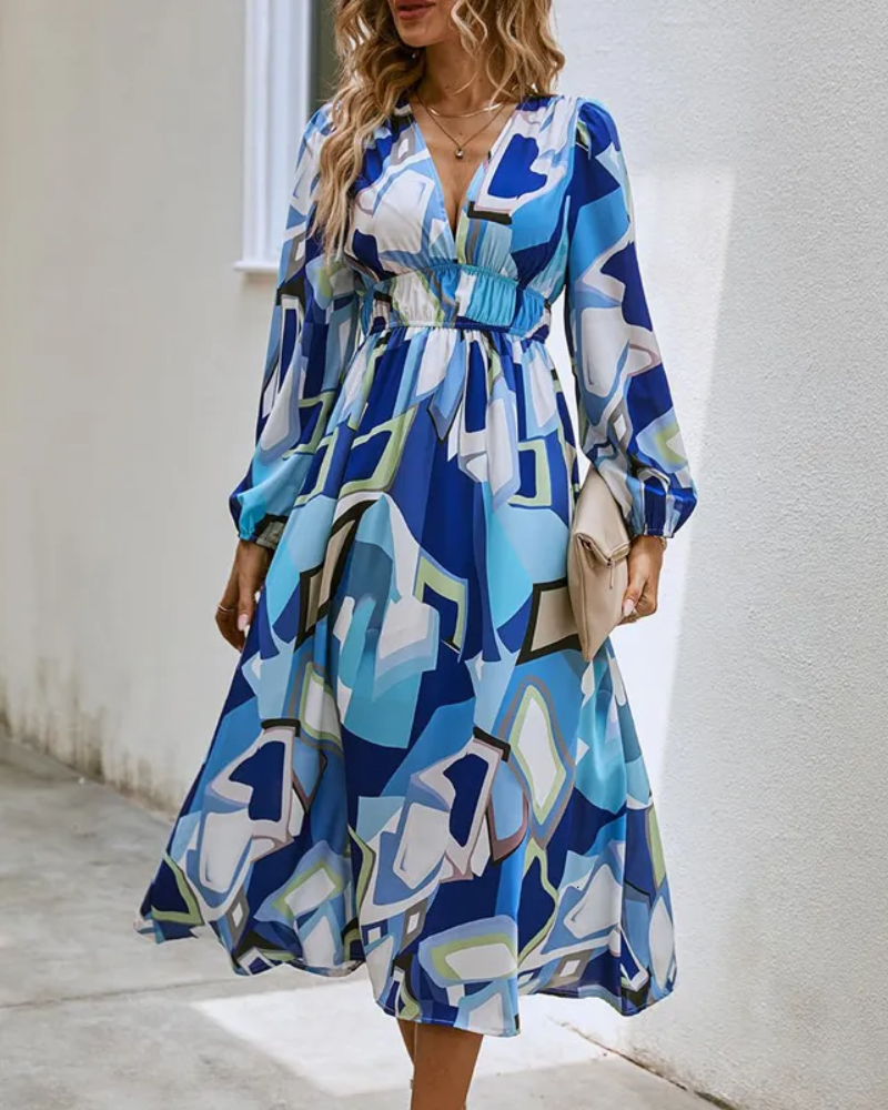 Abito midi a maniche lunghe con scollo a V, cintura in vita, motivo blu- verde