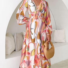 Abito midi maniche a palloncino con scollo a V, cintura in vita, motivo multicolore rosa