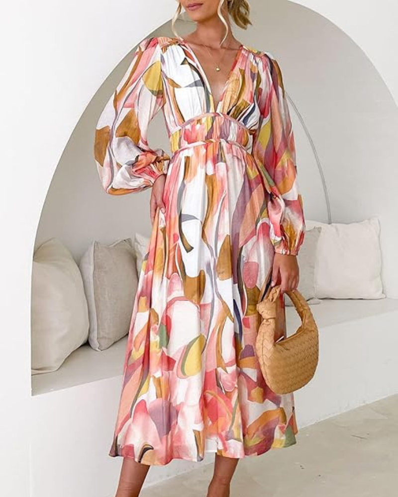 Abito midi maniche a palloncino con scollo a V, cintura in vita, motivo multicolore rosa
