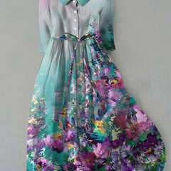 Girls watercolor floral dress in teal, purple, and pink with buttoned collar