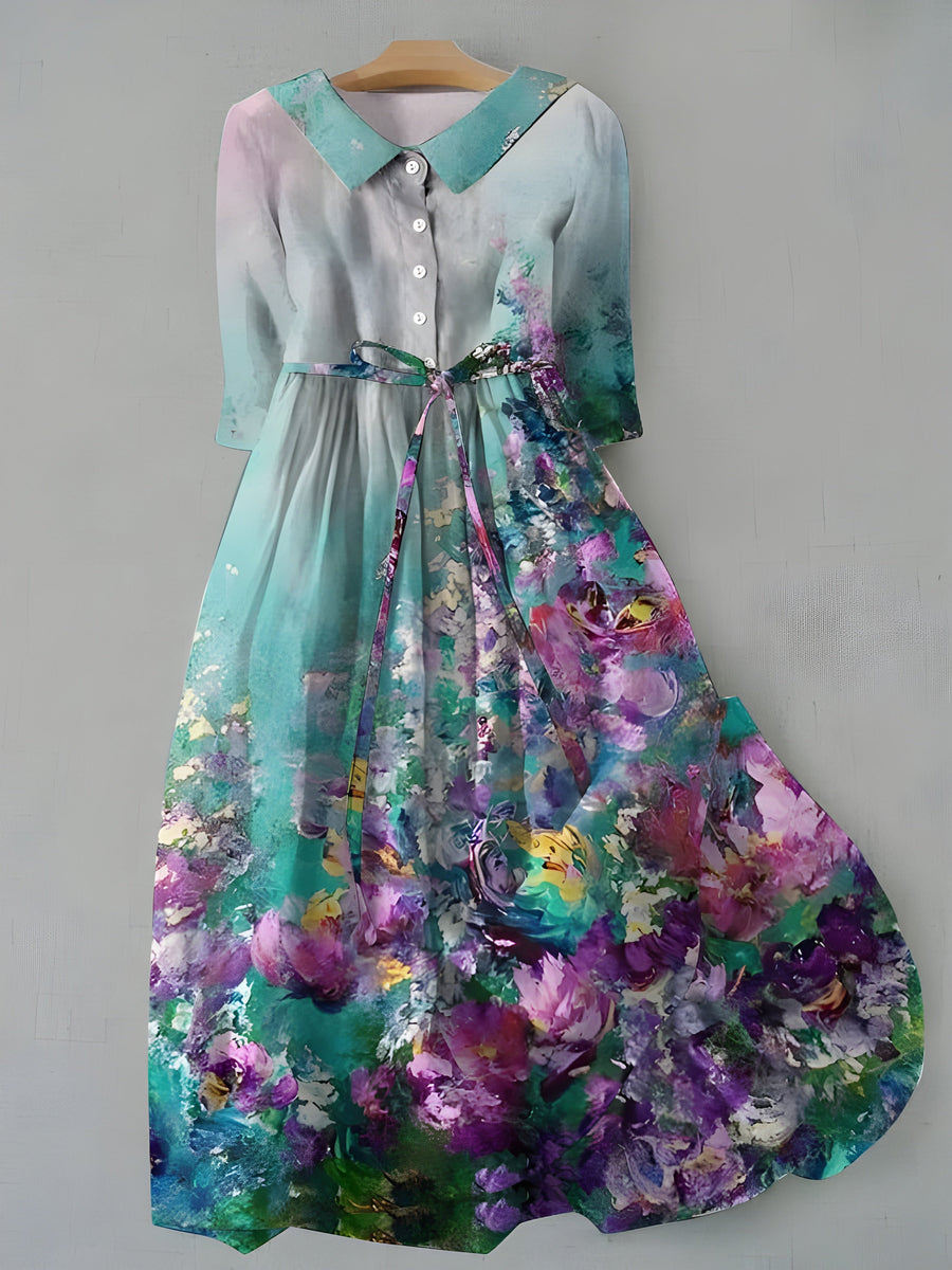 Girls watercolor floral dress in teal, purple, and pink with buttoned collar