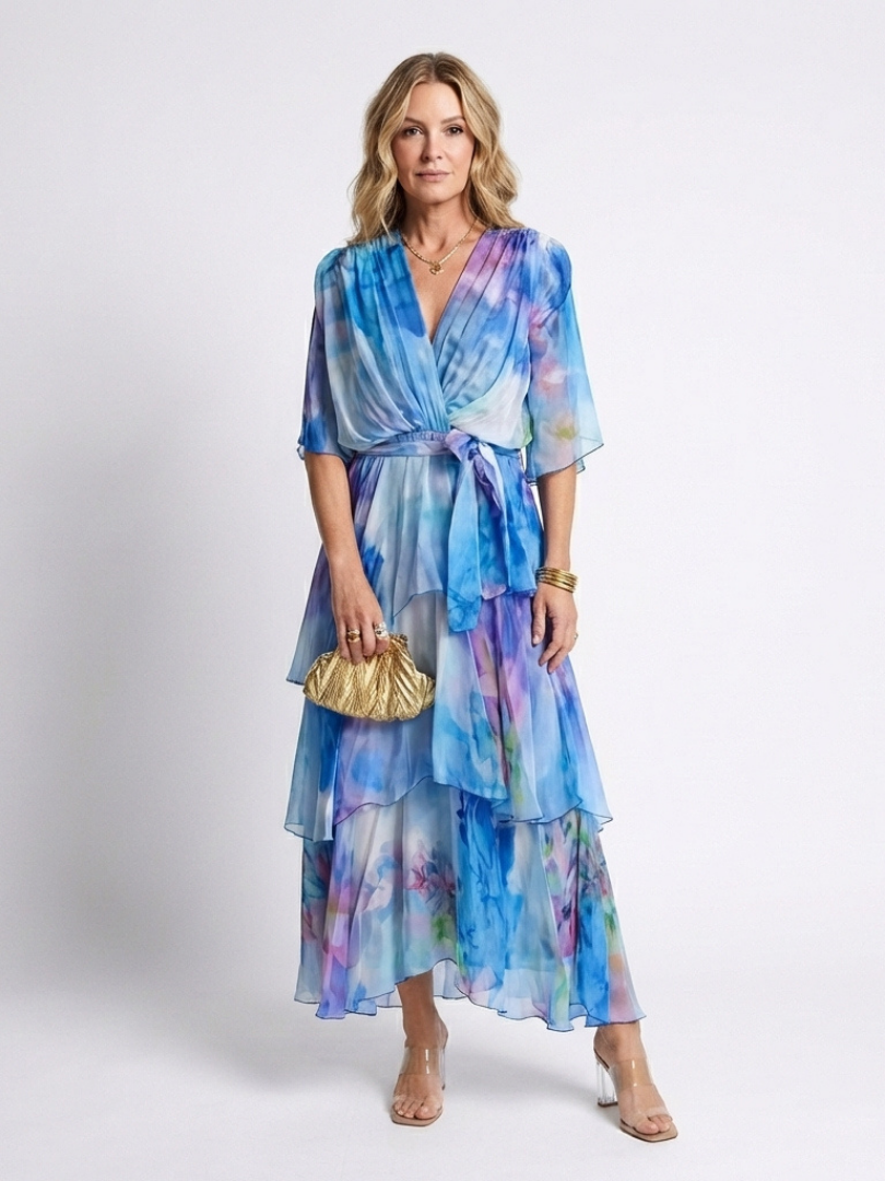 Blue watercolor print layered V-neck maxi dress with tie waist and sheer ruffle tiers