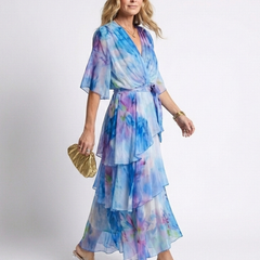 Blue watercolor print V-neck tie-waist maxi dress with layered sheer skirt ruffles