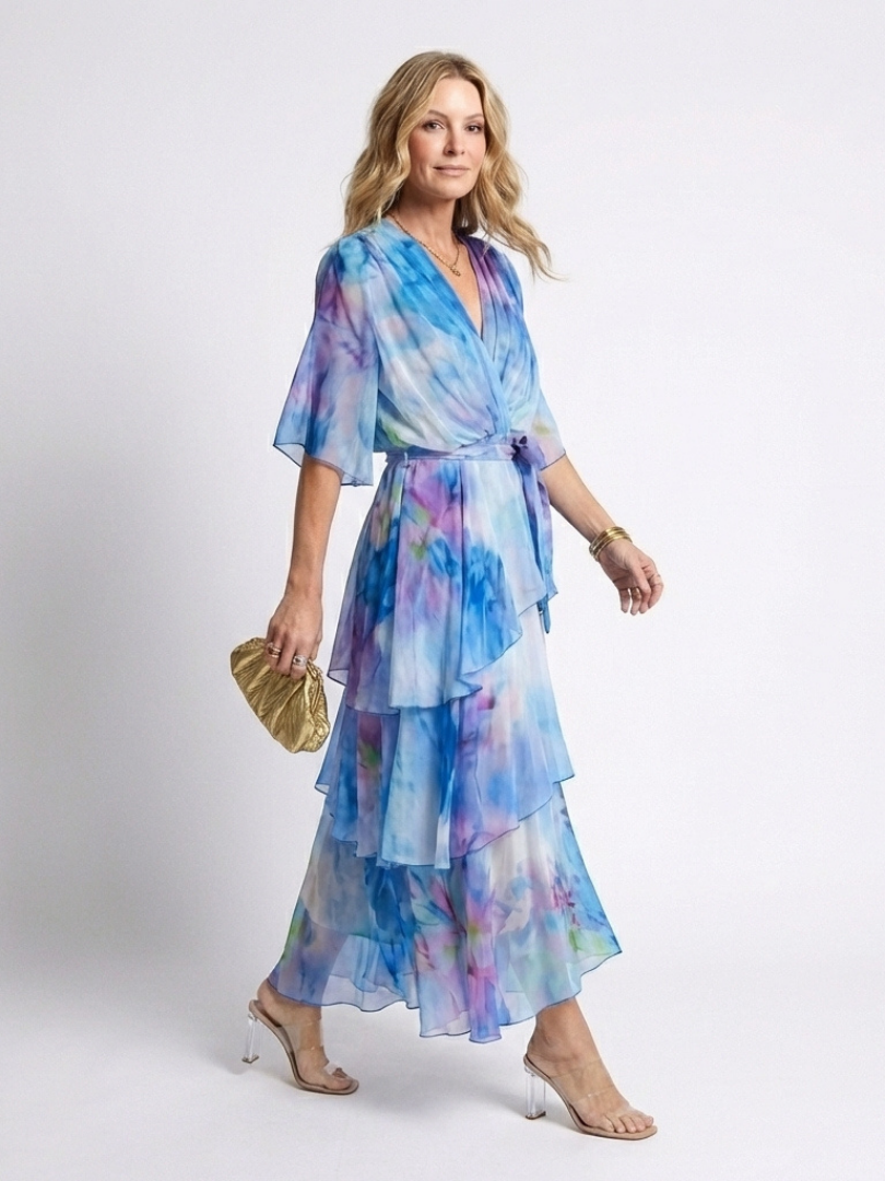 Blue watercolor print V-neck tie-waist maxi dress with layered sheer skirt ruffles